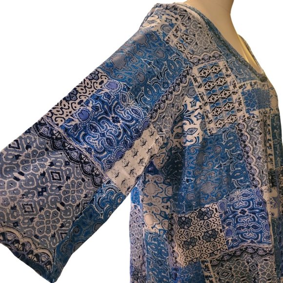 Jessica London Blue Blouse Patchwork Sequin Accents 3/4 Sleeves 26/28 JJ3284 - Picture 4 of 10